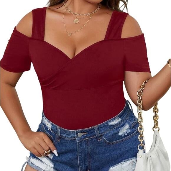 ❄️2/$5❄️[B9] NWOT Burgundy Cold Shoulder Bodysuit, Size 0X - Picture 3 of 4